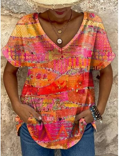  Femmes T-shirt Graphique Géométrique Vintage ancien Ethnique Occasionnel Manche Courte Col en V Hauts Réguliers Quotidien Week-end Tenue de plage Imprimé Bordeaux Rouge Orange Été Printemps