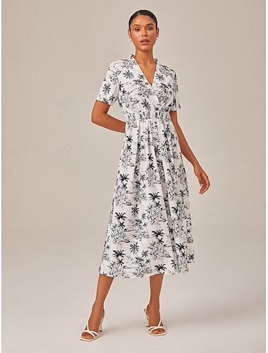  Per donna Femminile Vestito Casual Abito Midi Bianco-nero Maniche Corte Floreale Palma Foglia di palma Stampa Estate Scollo a V Vacanza Casual Tempo libero XS S M