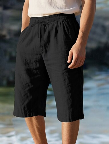  Herren Caprihose Leinenshorts Sommershorts Strandshorts Kordelzug Elastischer Bund Einfach Komfort Atmungsaktiv Wadenlang Outdoor Täglich Strand Urlaub Mode Cachi scuro Schwarz