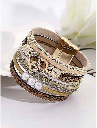  Bracelet magnétique en similicuir pour femme – Bracelet manchette en alliage avec breloque cœur et perle et texte inspirant, bijou tendance style bohème, idéal pour la fête des mères, les anniversaires et les tenues décontractées.