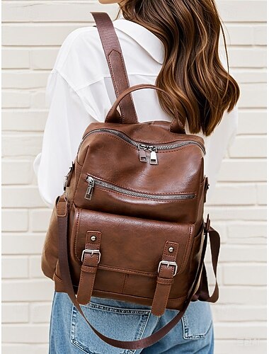  Sac à dos en similicuir marron pour femme, sac à dos de voyage et de tous les jours élégant avec bretelles réglables, fermeture à glissière et plusieurs poches - parfait pour le travail, l'école ou les sorties décontractées