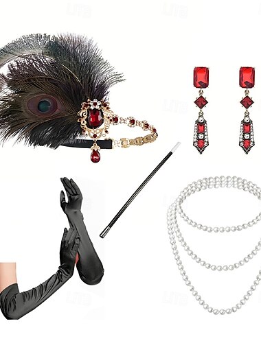  1920er Der große Gatsby Flapper-Stirnband Perlenarmband Ohrringe Der große Gatsby Feder Retro Funkelnder Glitzer Kristall / Strass Damen Karneval Valentinstag Maskerade Party-Abendmode Maskerade