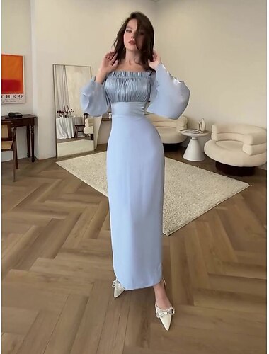  A-linje Quinceanera kjoler elegant kjole formell bryllup gulvlengde lang erm firkantet hals sateng med rynker