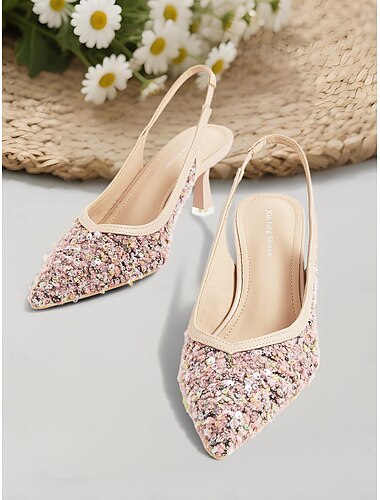  Rosafarbene Slingback-Kitten-Heels mit Pailletten und spitzer Zehenpartie für Damen – funkelnde Abendschuhe für Verabredungen, Partys im Freien und lässig-schicke Looks
