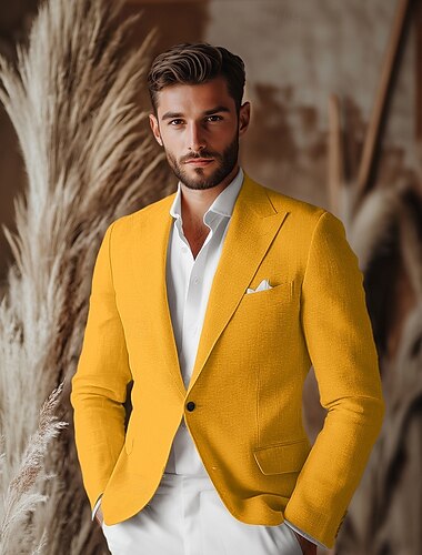  Herren Leinen Blazer Sportjacke Mode Casual Sommer Uni Farbige Gelb Orange Beige Standard Passform Einreiher Ein-Knopf