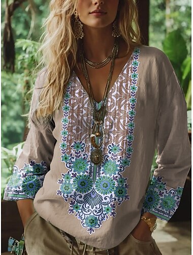  Damen Bluse Blumen Grafik Paisley-Muster Bohemien Vintage Tropisch Dreiviertelarm V Ausschnitt Normale Oberteile Gerafft Bestickt Druck Blau Purpur Grün Khaki Sommer Frühling