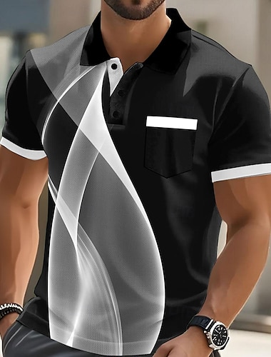  Herr Geometrisk Linje Polo Kortärmad Polotröjor Skjortor med krage Business Casual Utomhus Fritids- Dagliga kläder Ficka 3D-utskrift Sommar Vit Rubinrött Blå