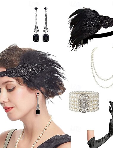 1920er Der große Gatsby Flapper-Stirnband Ohrringe Halskette / Armband Der große Gatsby Feder Retro Funkelnder Glitzer Kristall / Strass Damen Karneval Valentinstag Maskerade Party-Abendmode