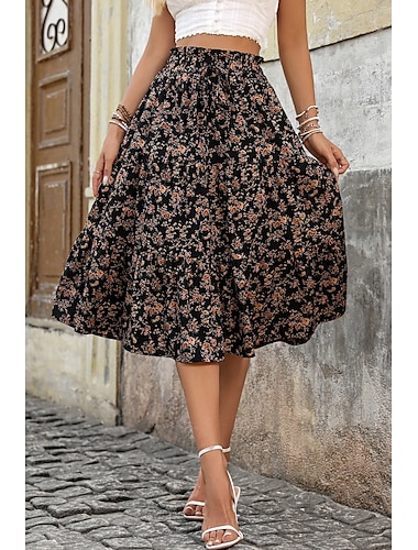  Femmes Jupe Bohème Boho Midi Taille Basse Jupes Fleuri Imprimé Micro-Élastique Rue Sortir Noir Blanche Jaune Rouge Été Polyester