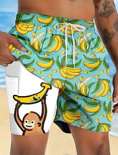  Herren Lustig Affe Banane Gefütterte Shorts 2 in 1 Badeshorts Badeshorts Mittlere Taille Hawaiianisch Urlaub Ferien Strandbekleidung Seitentaschen Mit Kompressionsfutter Elastischer Kordelzug in der