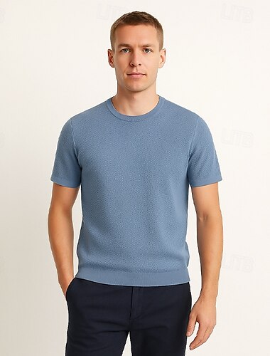  T-shirt homme en mélange de soie et de coton lyocell, manches courtes, col ras du cou, uni, jacquard, élégant, classique, col ras du cou, minimaliste, vacances, maison, coton, noir, bleu, bleu marine, haut pour homme