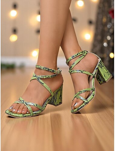  Grüne Damensandalen mit Blockabsatz und Schlangenmuster – auffällige Riemchen-Partyschuhe für das Nachtleben und modische Nächte