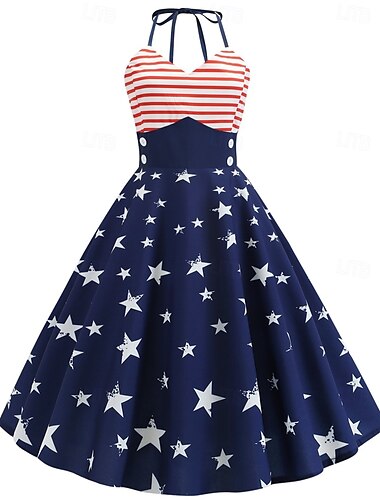  Retro Vintage 1950er Tag der Unabhängigkeit A-Linie Kleid Swing-Kleid Halter USA Flagge Damen Maskerade 4. Juli Alltagstauglich Junggesellinnenabschiedsparty Erwachsene Kleid Sommer