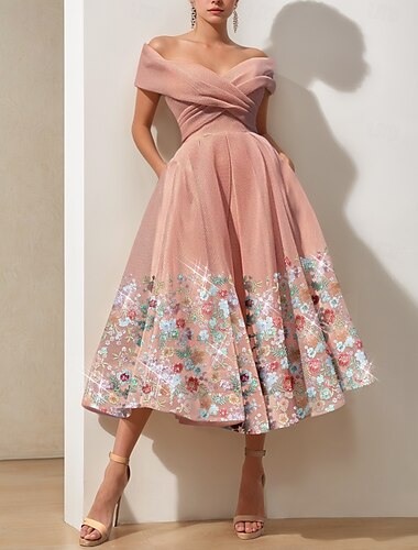  Rosa Blumen A-Linie Cocktailkleider Elegantes Kleid Formelle Hochzeitsgast Knöchellänge Kurzärmel Off-Shoulder mit Schlitz Stickerei Derby Kleider 2025