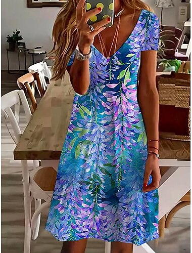  Damen Minikleid Strickkleid Freizeitkleid T-Shirt-Kleid Sommerkleid Urlaub Lässig Strand Normale Passform Blumen Grafik Kurzarm V Ausschnitt Schwarz Weiß Blau Sommer Frühling