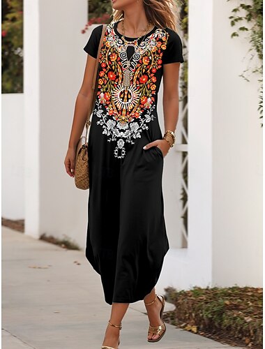  Per donna Abito Midi Vestito T-Shirt Abito Estivo Casual Quotidiano Vestibilità regolare Grafico Tribale Manica Corta Girocollo Arancione Estate