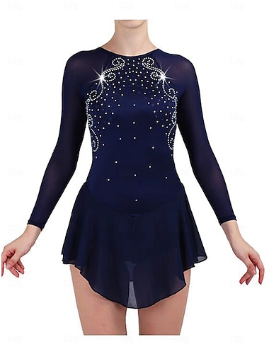  Eiskunstlaufkleid Damen Mädchen Eislaufen Kleid Dunkelmarine Patchwork Daumenloch Netzstoff Spandex Dehnbar Training Übung Professionell Eiskunstlaufkleidung Thermowarm Kristall / Strass Langarm