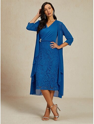  Damen Kleid-Set Spitzenkleid Casual kleid Chiffon-Kleid Elegant Brautkleider schlicht Glatt Spitze Midikleid Langarm V Ausschnitt Ausgehen Wein Blau Herbst Winter Regular Fit