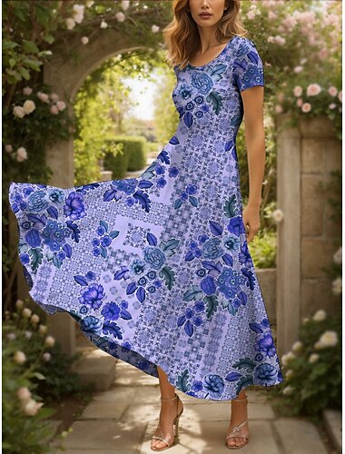  Damen Maxikleid Strickkleid Freizeitkleid A Linie Kleid Sommerkleid Urlaub Vintage Ethnisch Normale Passform Blumen Grafik Geometrisch Kurzarm Quadrathals Rundausschnitt Rosa Blau Grün Sommer Frühling