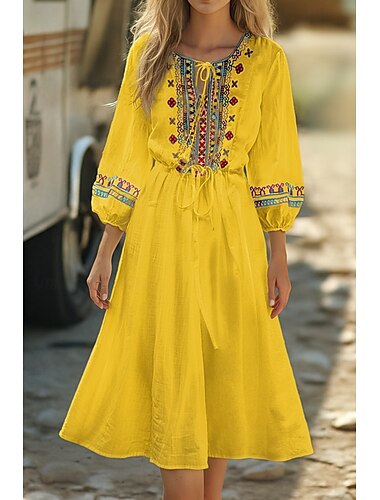  Damen Midikleid Freizeitkleid Sommerkleid Boho-Kleid Vintage Urlaub Täglich Strand Normale Passform Blumen Langarm Rundhalsausschnitt Weiß Gelb Rote Blau Sommer