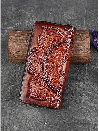  handgefertigte kontinentale Brieftasche aus Leder mit elegantem Mandala-Muster – Reißverschluss, mehrere Fächer, ideales Geschenk für Frauen zum Muttertag