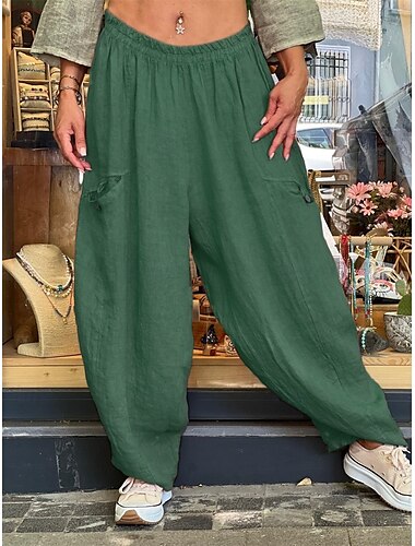  Dames Wijde Pantalon Baggy Broeken Effen Kleur Bloemisten Mode Basis Volle Lengte Middel Hoge Taille Effen Zak Elastische Taille Comfort Buiten Micro-elastisch Vakantie Straat Dagelijks Goud