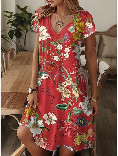  Damen Mini Kleid A-Linie Kleid T-Shirt Kleid Tee Kleid Lässiger Urlaub Täglicher Regulärer Schnitt Grafik Paisley Kurzarm V-Ausschnitt Blau Beige Sommer Frühling