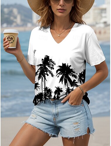  Damen T Shirt Grafik Pflanzen Vintage Stilvoll Klassisch Kurzarm V Ausschnitt Normale Oberteile Täglich Ausgehen Wochenende Druck Schwarz Weiß Sommer Frühling