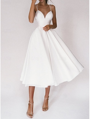  Robes de mariée Ligne A Col en V Sans manches Longueur thé Satin Robes de mariée Avec Couleur Unie 2025