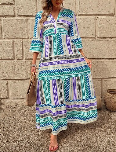  Damen Maxikleid Sommerkleid A Linie Kleid Figurbetontes Kleid Urlaub Lässig Boho Outdoor Party Ausgehen Normale Passform Grafik Geometrisch Stammes Ärmellos V Ausschnitt Rot Blau Grün Sommer Frühling