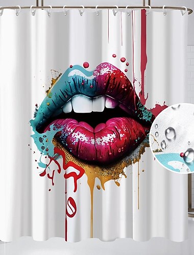  Duschvorhang mit 12 Haken 180cm*180cm (70"*70") Polyester waschbar wasserdicht Mustervorhang für Badezimmer und Badewanne sexy roter Lippen-Look