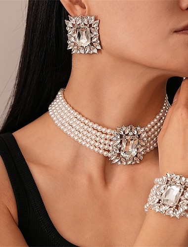  Sieradenset 3 Zilver Kubieke Zirkonia Imitatieparel Zilver 1 Ketting 1 Armband Oorbellen Dames Elegant Vintage Modieus Schattig Vintagestijl Klassiek Geometrische vorm Sieraden set Voor Bruiloft Feest
