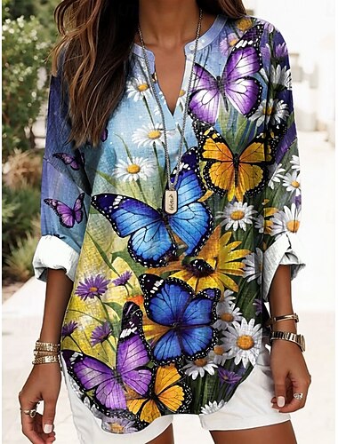  Damen Boho Bluse Blumen Grafik Schmetterling Elegant Täglich Damen Langarm V-Ausschnitt Reguläre Tops Täglicher Druck Blau Lila Beige Sommer Frühling