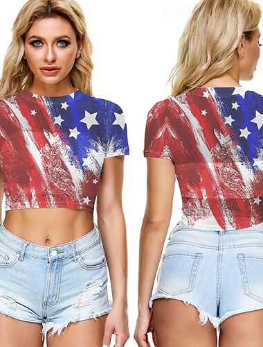  Unabhängigkeitstag 4. Juli USA Flagge T-Shirt Bauchfreies Top Manga USA Flagge Grafik Für Damen Erwachsene Maskerade 4. Juli 3D-Druck Festival