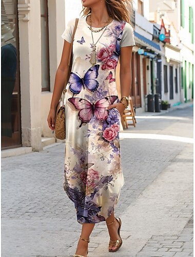  Damen Midikleid T-Shirt-Kleid Sommerkleid Urlaub Lässig Strand Täglich Teegesellschaft Ausgehen Normale Passform Blumen Grafik Schmetterling Kurzarm Rundhalsausschnitt Rote Himmelblau Grün Dunkelblau