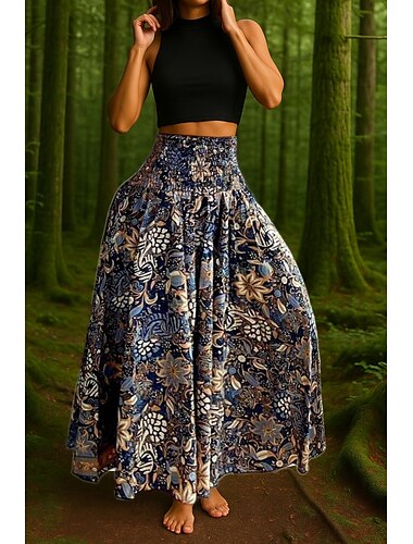  Damen Rock A-Linie Schwingend Lässig Boho Maxi Hohe Taille Röcke Paisley-Muster Druck Urlaub Ferien Rot Marineblau Blau Purpur Sommer Polyester