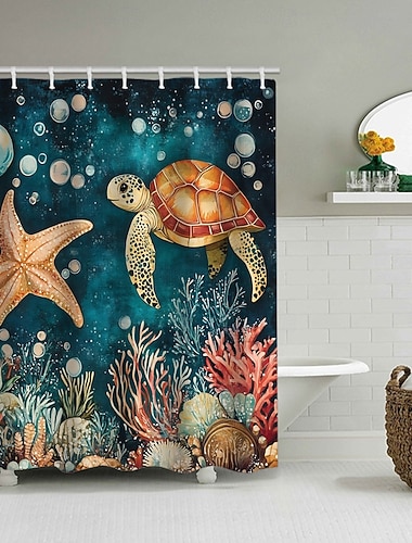 Duschvorhang mit Haken 200cm hoch duschvorhang waschbar Polyester maschinenwaschbar wasserdicht Ozean-Schildkröte-Strandlandschafts-Muster