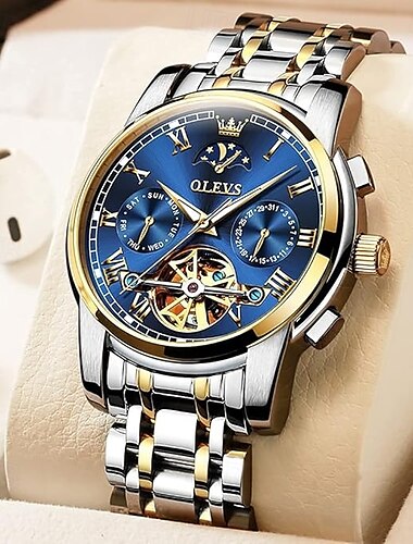  OLEVS Herren Mechanische Uhr Kalender Luxus Wasserdicht Mode Automatische Selbstaufziehende Mondphase Leuchtende Edelstahl Armband Uhr