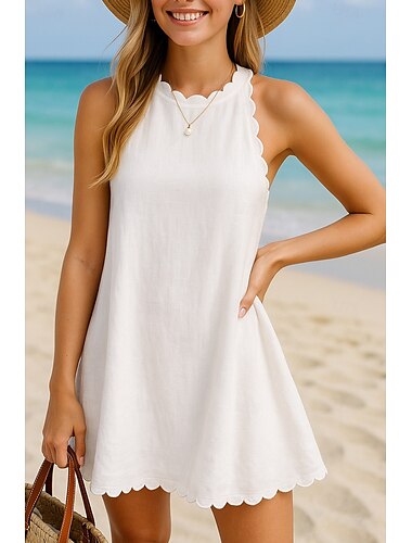  Damen Minikleid Weißes Kleid Abschlusskleid Elegant Basic Modern Urlaub Ferien Strand Normale Passform Einfach Ärmellos Neckholder Weiß Sommer