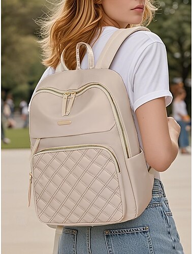  女性用キルティングナイロンバックパック - ゴールドのジッパーが付いたスタイリッシュなベージュのファッションバックパック。マルチコンパートメントデザイン。日常使い、学校や旅行に最適。