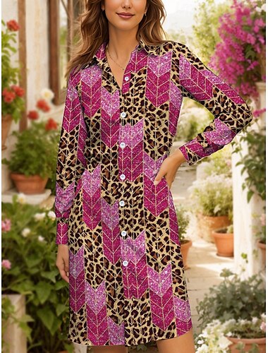  Damen Midikleid T-Shirt-Kleid Lässig Date Lässiger Schnitt Grafik Leopard Geometrisch Langarm Hemdkragen Rosa Sommer Herbst Winter