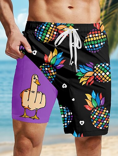  Herren Ananas Lustig Ente Gefütterte Shorts 2 in 1 Badeshorts Badeshorts Mittlere Taille Hawaiianisch Urlaub Ferien Strandbekleidung Seitentaschen Mit Kompressionsfutter Elastischer Kordelzug in der
