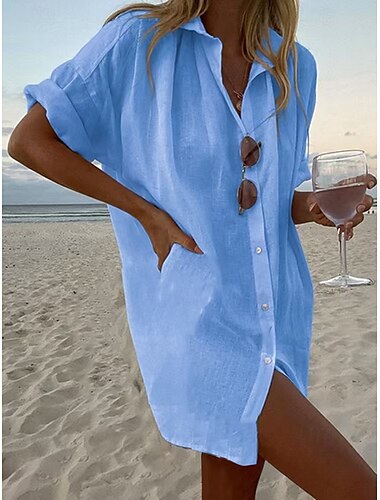  Damskie Koszula Koszula Boho Koszule inspirowane lnem Zapiąć Równina Codzienny Styl plażowy Krótki rękaw Kołnierzyk koszuli Zwykłe topy Czarny Biały Żółty Rumiany róż Błękit nieba Lato