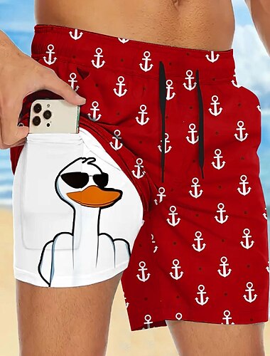  Herren Anker Lustig Ente Gefütterte Shorts 2 in 1 Badeshorts Badeshorts Mittlere Taille Hawaiianisch Urlaub Ferien Strandbekleidung Seitentaschen Mit Kompressionsfutter Elastischer Kordelzug in der