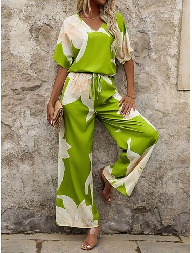  Dames EU / VS maat2 Pieces SetsBroeken Sets Halve mouw Lantaarn mouw V-hals Grafisch Afdrukken Modieus Casual Zwart Geel Rood Lente zomer Ruim Passend