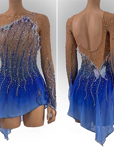  Eiskunstlaufkleid Damen Mädchen Eislaufen Kleid Bule schwarz Daumenloch Offener Rücken Netzstoff Hohe Elastizität Training Wettbewerb Eiskunstlaufkleidung Klassisch Kristall / Strass Langarm