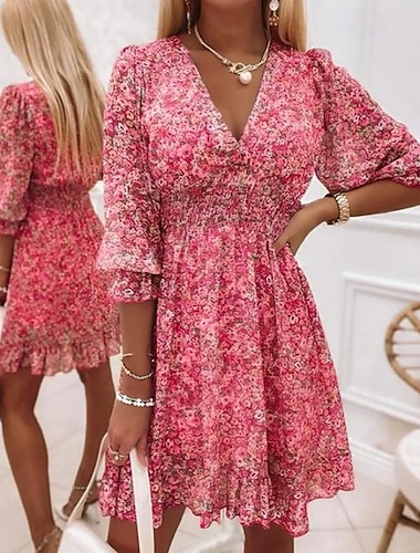  Dames Mini-jurk Casual jurk Bloemetjesjurk Boho-jurk Stijlvol Klassiek Modern Vakantie Dagelijks Afspraakje Normale pasvorm Bloemig Afdrukken Halve mouw V-hals Blozend Roze blauw Groen Zomer Lente