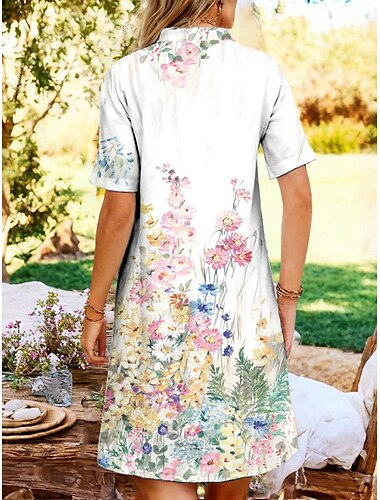  Damen Midikleid Hemdblusenkleid A Linie Kleid Urlaub Lässig Ferien Date Normale Passform Ombre Blumen Grafik Kurzarm Hemdkragen Weiß Sommer