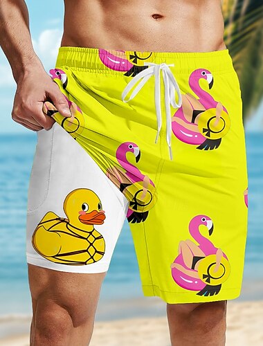  Herren Flamingo Lustig Ente Gefütterte Shorts 2 in 1 Badeshorts Badeshorts Mittlere Taille Hawaiianisch Urlaub Ferien Strandbekleidung Seitentaschen Mit Kompressionsfutter Elastischer Kordelzug in