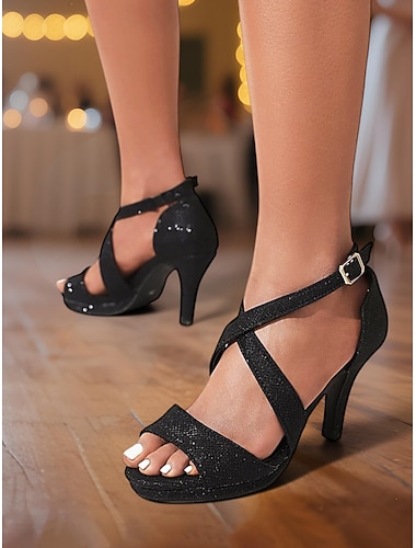  Glitzernde Damen-Sandalen mit gekreuzten Riemchen und Absatz – funkelnde goldene Ballschuhe für formelle Partys und besondere Anlässe